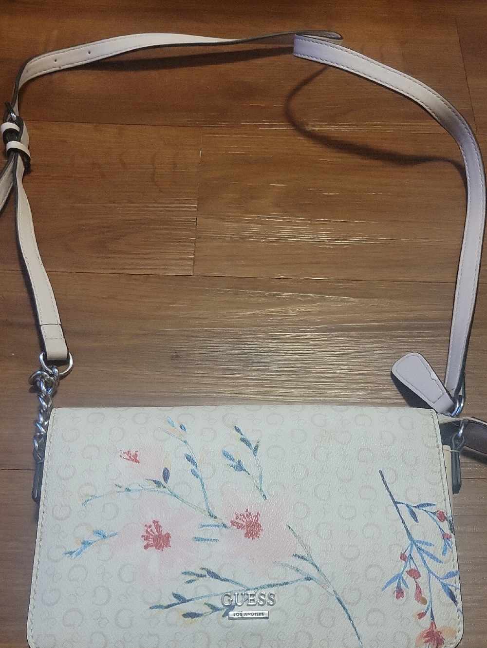 GUESS Cream Floral Crossbody Bag with Blue and Coral Accents